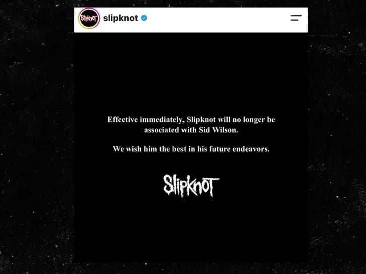 A black graphic bearing the Slipknot logo and a short statement announcing the band will no longer be associated with Sid Wilson.